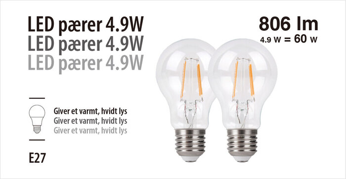 LED-pærer standard 4,9 W E27 - 2-pk.